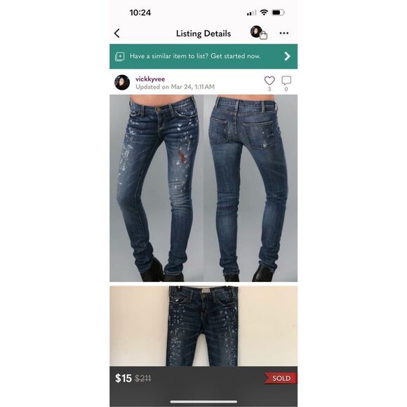 Current Elliott The Skinny Distressed Paint Splattered Jeans sz 27 EUC - Picture 2 of 14